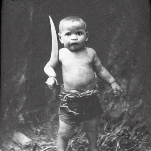 Prompt: a photograph of a baby with a machete taken in 1 8 9 0