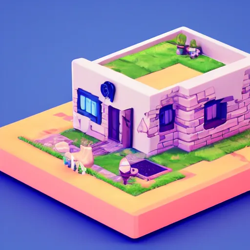 Image similar to chubby cute mobile game house, 1 0 0 mm, 3 d render, isometric, blue background,