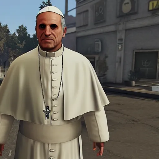 Prompt: the pope as a game character in gta 5, game graphics, game screenshot, in the style of rockstar advanced game engine
