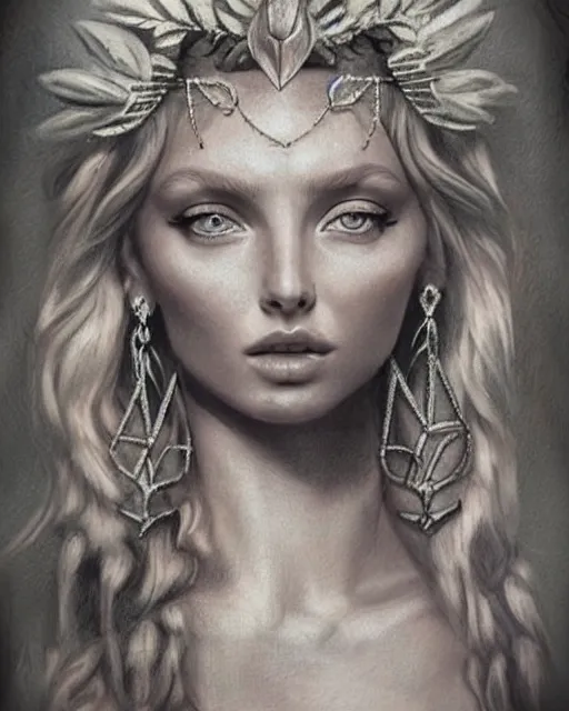 Image similar to realism tattoo sketch of elsa hosk as a beautiful greek goddess aphrodite with piercing eyes wearing a laurel wreath and triangle earrings, in the style of greg rutkowski, amazing detail