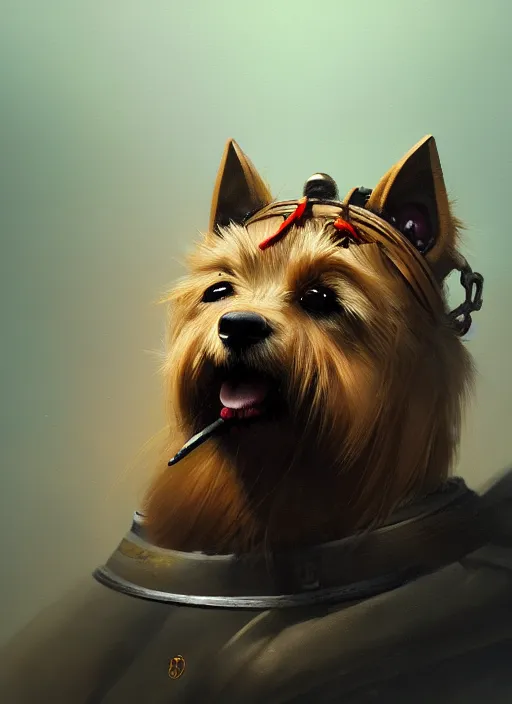 Image similar to norwich terrier as an samurai, backround dark, highly detailed, digital illustration, trending in artstation, modern painting, smooth, sharp focus, intricate, by peter mohrbacher