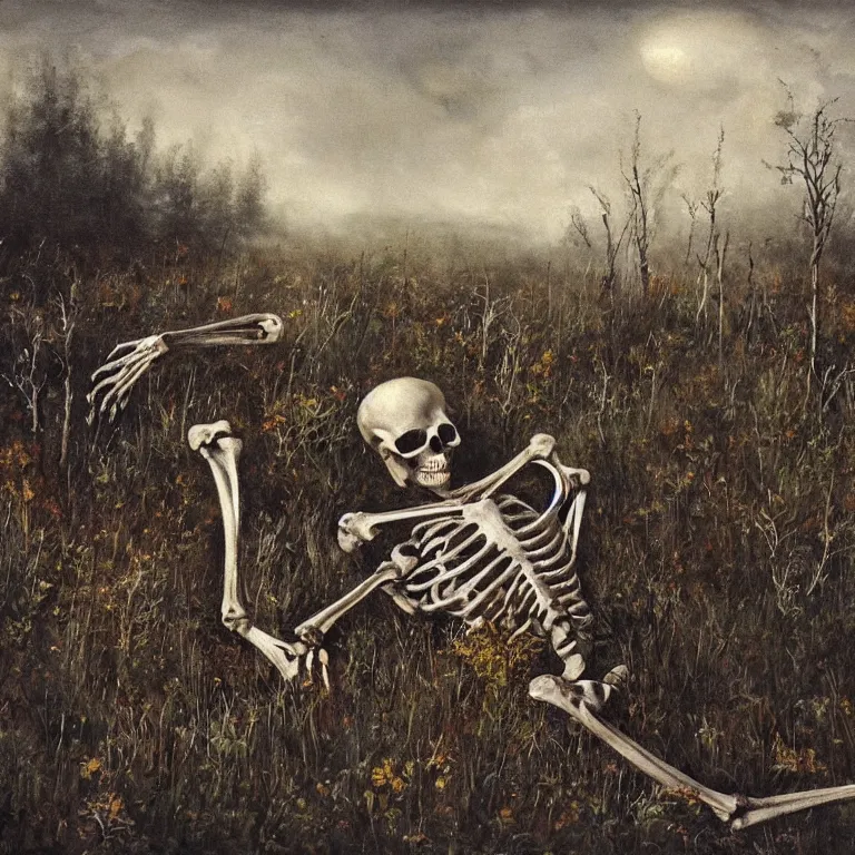 Image similar to dark, beautiful atmospheric painting of decaying skeleton and bones. in a meadow