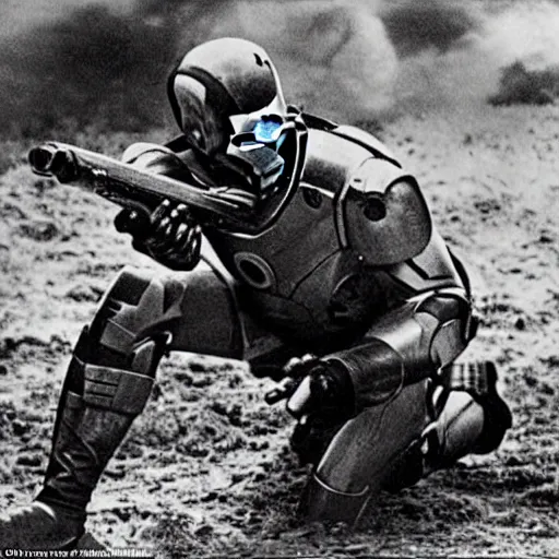 Prompt: iron man shooting machine guns against nazi germany on the bloody muddy battlefield of world war