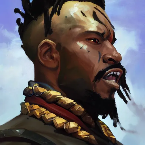Image similar to greg manchess portrait painting of killmonger as an overwatch character, medium shot, asymmetrical, profile picture, organic painting, sunny day, matte painting, bold shapes, hard edges, street art, trending on artstation, by huang guangjian and gil elvgren and sachin teng
