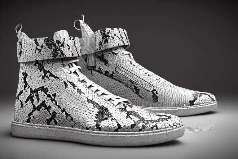 Image similar to one snakeskin hightop sneaker with neon illuminated soles on a white surface, clean 3 d render, beautiful studio lighting, soft, sharp focus, cyberpunk, intricate detail, gold filigree, art by iris van herpen and syd mead