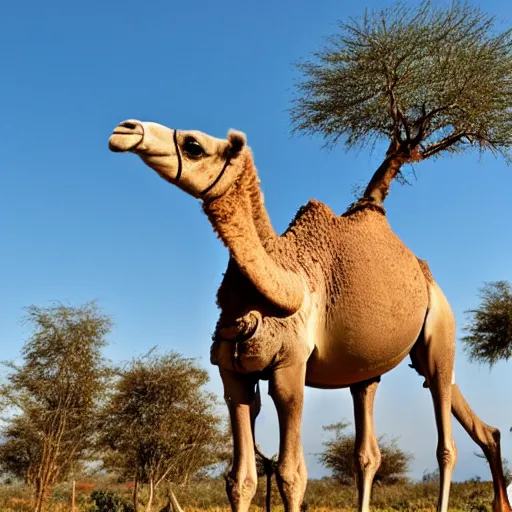 Prompt: a camel standing on a tree