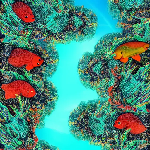 Prompt: A highway going underwater. Highway is surrounded by colourful corals, fish and vibrant marine life. Award-winning digital art