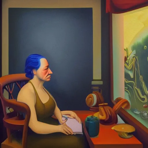 Image similar to An AI generated person having an existential crisis upon realizing they are AI generated, as an oil painting in the style of Thomas Hart Benton