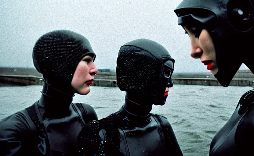 Image similar to cinestill 5 0 d candid photographic portrait by helen levitt of two loving skandinavian female androids wearing rugged black mesh techwear in treacherous waters, extreme closeup, modern cyberpunk moody depressing cinematic, pouring rain, 8 k, hd, high resolution, 3 5 mm, f / 3 2, ultra realistic faces, ex machina