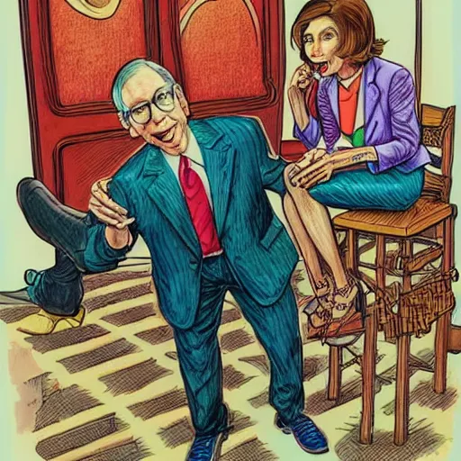 Image similar to The Artwork of R. Crumb and his Cheap Suit Mitch McConnell and Nancy Pelosi, pencil and colored marker artwork, trailer-trash lifestyle