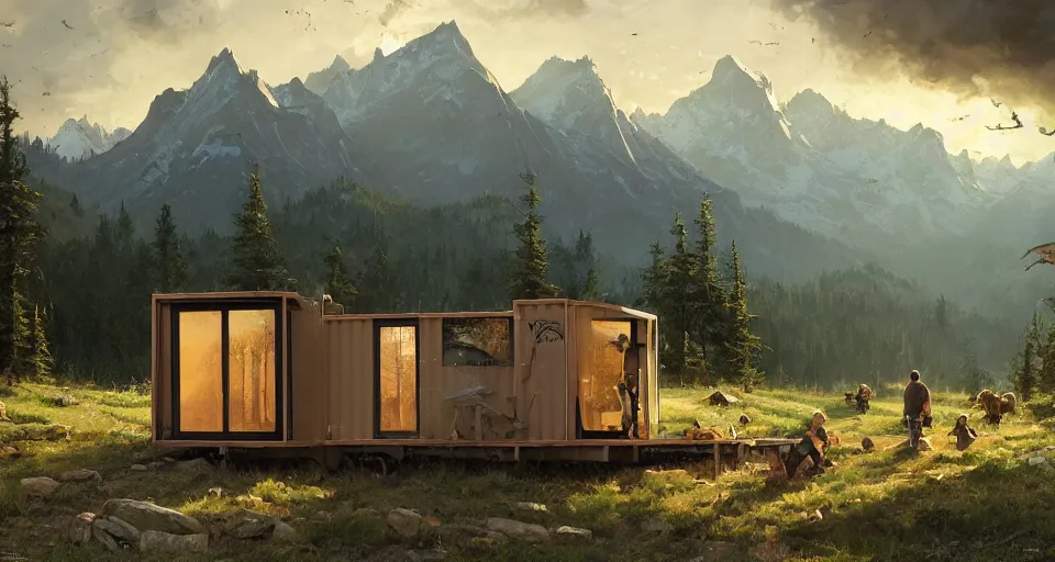 Prompt: cabela's beautiful comfortable carbon framed, modular insulated wall portable container home kit - house all weather family dwelling tent house, person in foreground, mountainous forested wilderness open fields, beautiful views, painterly concept art, environmental concept art, concept art illustration, by james gurney, by craig mullins, by greg rutkowski trending on artstation