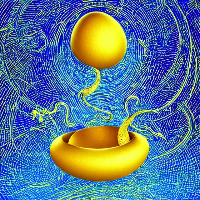 Image similar to a golden egg cracking open with a many headed serpent rising out, occult aesthetics alchemy, award winning art, chromatic aberration