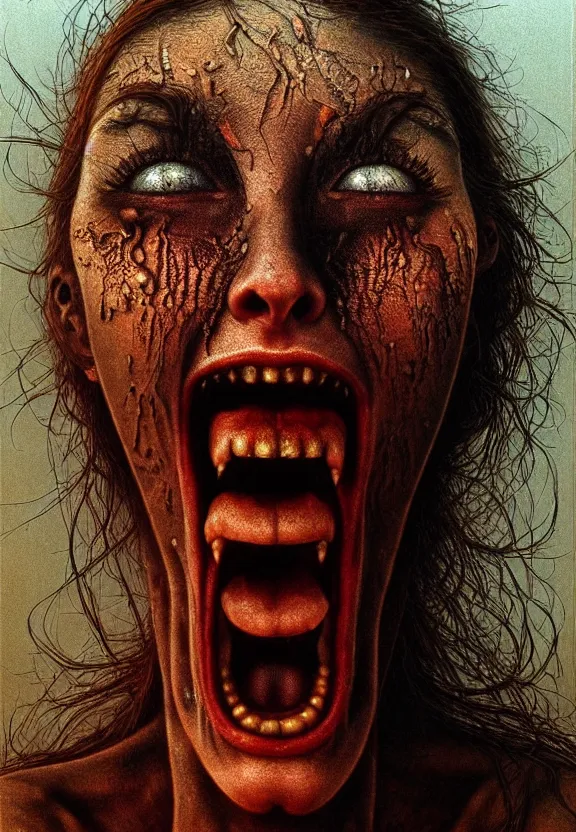 Prompt: ultra realist intricate detailed portrait of a single rugged attractive female screaming, insanity, full body, accurate features, apocalyptic, very intricate details, 8 k resolution, dim lighting, dramatic lighting, artstyle zdzisław beksinski, award winning