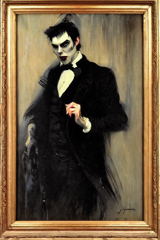 Prompt: impressionist brushstrokes!!!! giger and richard schmid and jeremy lipking victorian loose genre loose painting full length portrait painting of a victorian male vampire