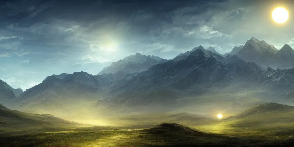 Image similar to large mountains in the distance, solar eclipse, landscape wallpaper, d&d art, fantasy, painted, 4k, high detail, sharp focus, artstation