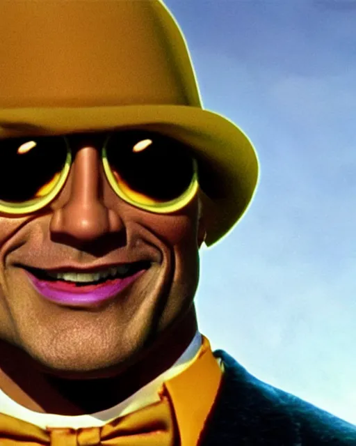 Image similar to Film still close-up shot of Dwayne Johnson as Willy Wonka from the movie Willy Wonka & The Chocolate Factory. Photographic, photography