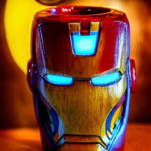 Image similar to a closeup photorealistic photograph of an iron man style tiki mug at a trader vic's beach bar featuring the face of iron man. tiki party. bright scene. fine detail. this 4 k hd image is trending on artstation, featured on behance, well - rendered, extra crisp, features intricate detail, epic composition and the style of unreal engine.