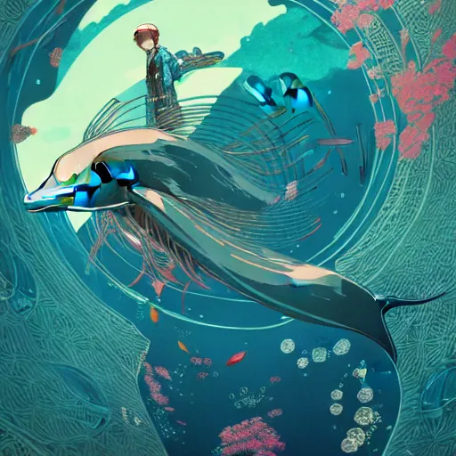 Image similar to a beautiful hyperdetailed character design 4 k wallpaper illustration of a cute dolphin, victo ngai cyberpunk style, from china, style of studio ghibli, makoto shinkai, raphael lacoste, louis comfort tiffany, artgerm, james jean, ross tran, chinese style