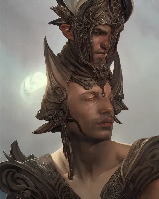 Image similar to portrait of a handsome male dark elf, fantasy, frank herbert, intricate, elegant, highly detailed, digital painting, artstation, concept art, sharp focus, illustration, art by artgerm and greg rutkowski and alphonse mucha