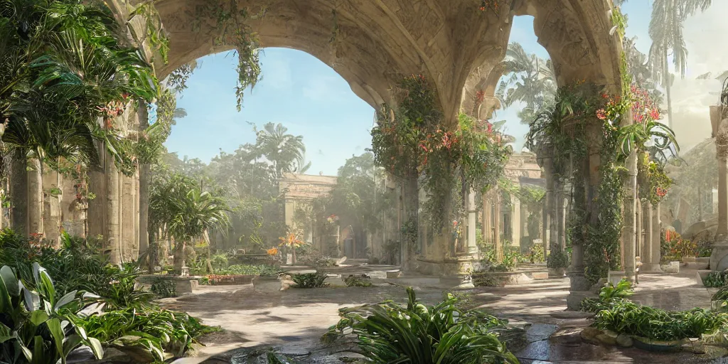 Image similar to cathedral interior with koi pond in the middle surrounded by palm trees, ivy, flowers, tropical plants, roses, and with archways. rendered in octane render with photorealistic lighting, fantasy concept art by tyler edlin, antoine blanchard, thomas cole