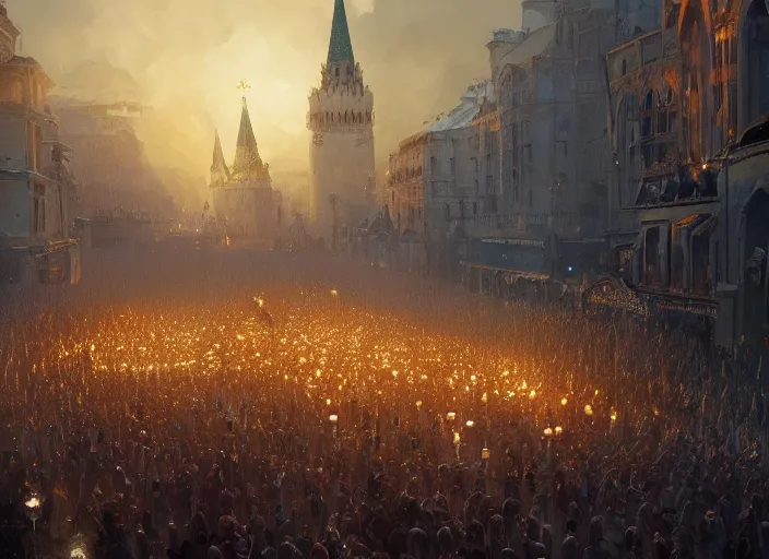 Prompt: ukrainian people marching to take moscow, lit by candles, digital painting, artstation, concept art, craig mullins, breathtaking, 8 k resolution, extremely detailed, beautiful, establishing shot, artistic, hyperrealistic, octane render, cinematic lighting, dramatic lighting, masterpiece, light brazen, extremely detailed and beautiful face