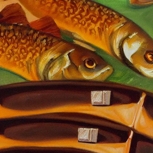 Image similar to a detailed oil painting of a fish above a chocolate bar