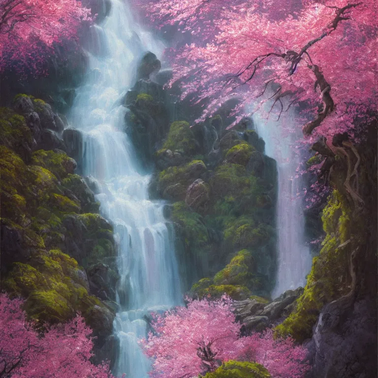 Image similar to A beautiful oil painting of a very tall waterfall on a very rocky cliff, in the middle of a huge forest of cherry blossom trees with bright pink glowing leaves, by Greg Rutkowski