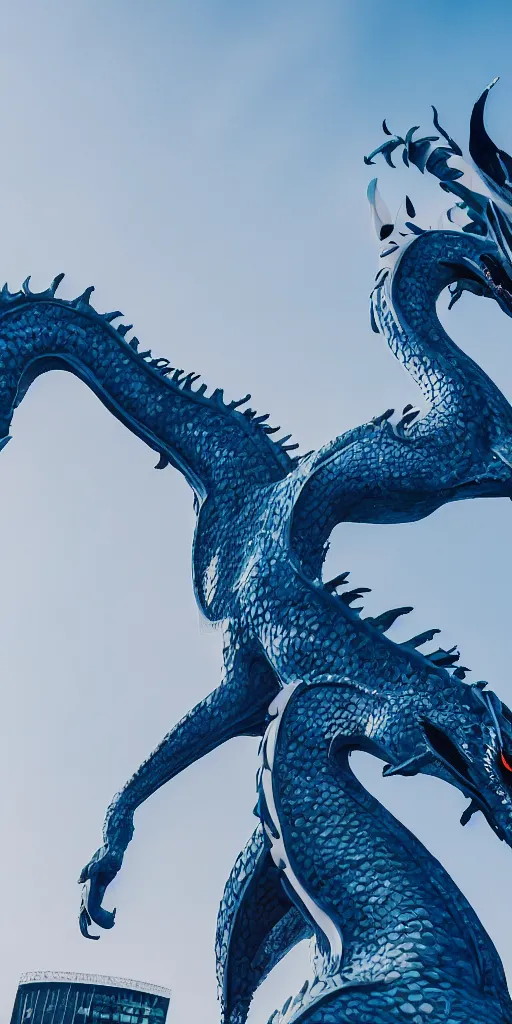 Image similar to white photorealistic futuristic post - modern blue eyes white dragon in seoul with bright blue sky