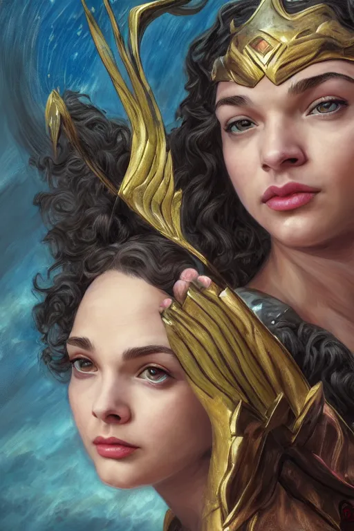 Image similar to A fantasy comic book style portrait painting of Gal Gadot, Anya Taylor-Joy, Joey King, as an Atlantean Reptilian Warrior, François Boucher, Oil Painting, Mystical Valkyrie, unreal 5, DAZ, hyperrealistic, octane render, Regal, Refined, Detailed Digital Art, RPG portrait, William-Adolphe Bouguereau, Michael Cheval, Walt Disney (1937), Steampunk, dynamic lighting, Highly Detailed, Cinematic Lighting, Unreal Engine, 8k, HD