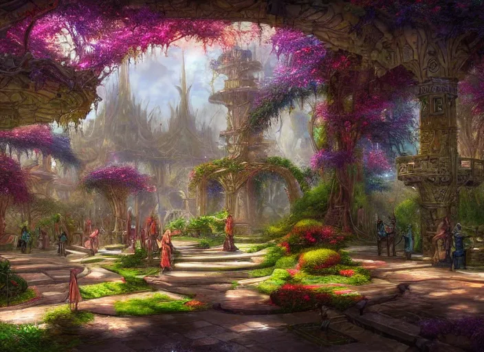 Image similar to A wide open courtyard in a beautiful, colorful elven city made of ivory, saturated colors, no haze, anime, lush trees, fountain, a fantasy digital painting by James Gurney, trending on Artstation, highly detailed