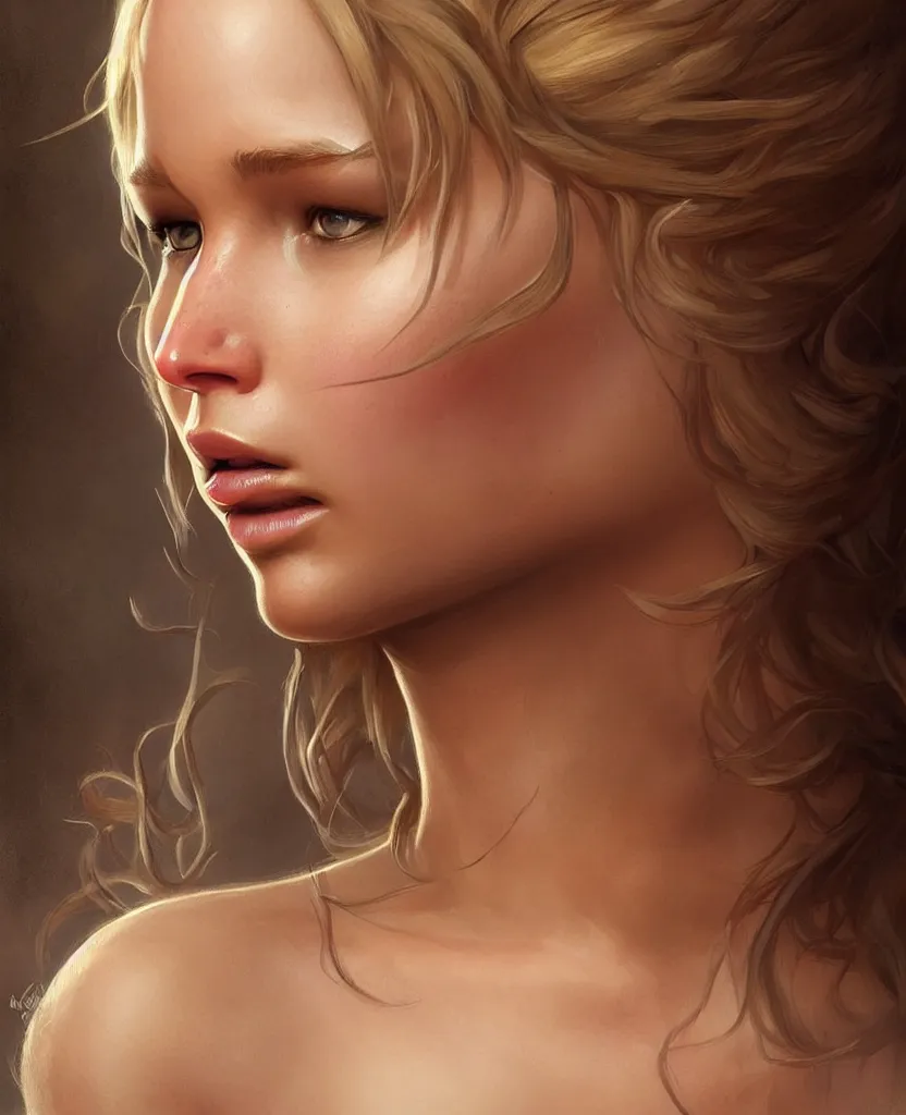 Image similar to Jennifer Lawrence, closeup, D&D, fantasy, intricate, elegant, highly detailed, digital painting, artstation, concept art, matte, sharp focus, illustration, hearthstone, art by Artgerm and Greg Rutkowski and Alphonse Mucha