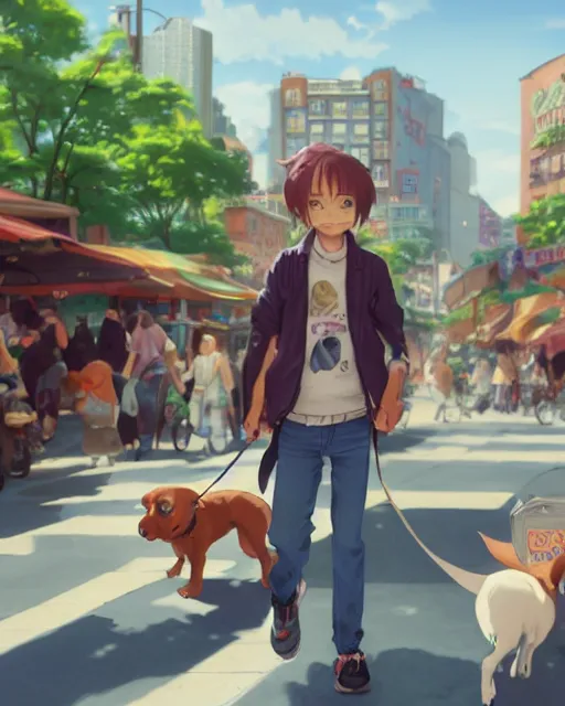 Image similar to a tiny dog walking through a crowded street filled with bodegas and food vendors, blue fur, a man is juggling avocados, Anime. Soft lighting, 8K, octane render. By Makoto Shinkai, Stanley Artgerm Lau, WLOP, Rossdraws, James Jean, Andrei Riabovitchev, Marc Simonetti, krenz cushart, Sakimichan, D&D trending on ArtStation, digital art.