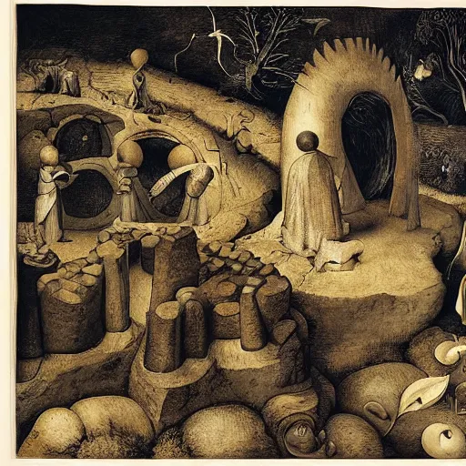 Image similar to A land art. A rip in spacetime. Did this device in his hand open a portal to another dimension or reality?! lithograph, illuminated codex gilded by Ken Kelly, by Pieter Bruegel the Elder hyperdetailed, loose