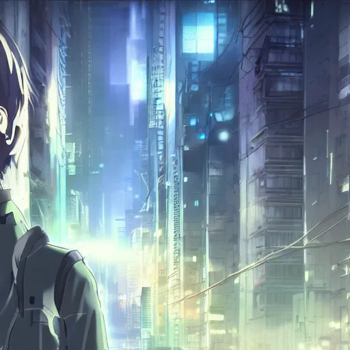 Image similar to android in an urban dystopia makoto shinkai