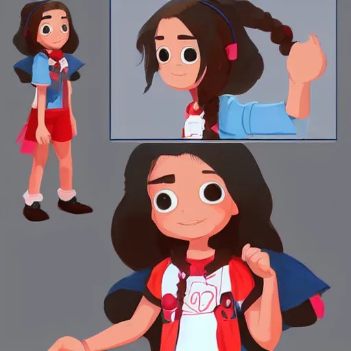 Prompt: Concept art of a 12yo cute indigenous little girl Pixar-style with a white t-shirt with red sleeves and regular blue jeans with cool shoes, her hair and eyes are imbued with fire powers trending on artstation Even Amundsen