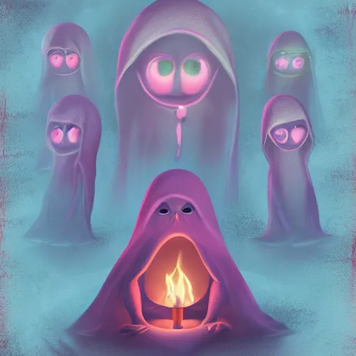 Image similar to dark occult ritual, cult of hooded creatures, cold pastel colors, 8k, realistic dim lighting