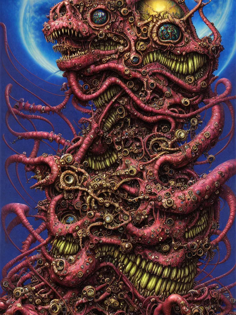 Prompt: realistic detailed image of Technological Nightmare Abomination Monster God by Rebecca Mills, Lisa Frank, Ayami Kojima, Amano, Karol Bak, Greg Hildebrandt, and Mark Brooks, Neo-Gothic, gothic, rich deep colors. Beksinski painting, part by Adrian Ghenie and Gerhard Richter. art by Takato Yamamoto. masterpiece