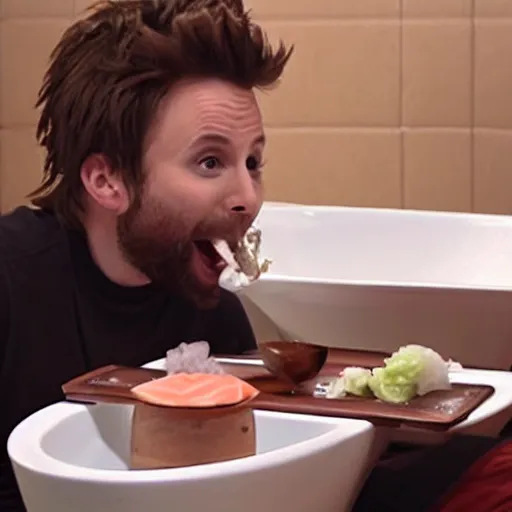 Prompt: Charlie Day eating sushi out of a white toilet bowl, realistic