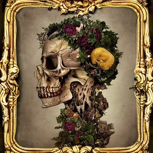 Image similar to a beautiful detailed front view baroque portrait of a rotten woman corpse becoming almost a skull with fractal plants and fractal flowers and mushrooms growing around, intricate, ornate, volumetric light, beautiful lit, polaroid photography