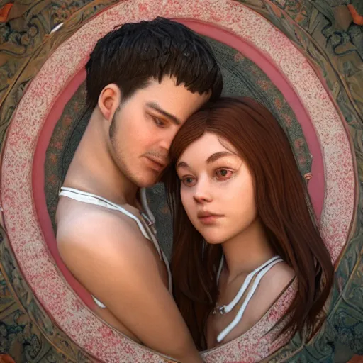 Image similar to perfectly centered symmetrical split male and female portrait of man and woman in love sharing one heart ; 3 d render by lilia alvarado, photorealistic, highly detailed ; octane ; unreal engine ; trending on artstation