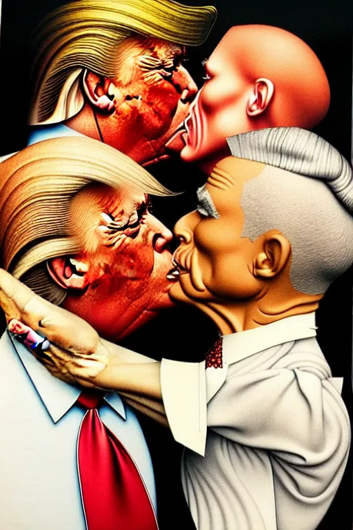 Image similar to norman rockwell painting of gay donald trump kissing a second donald trump