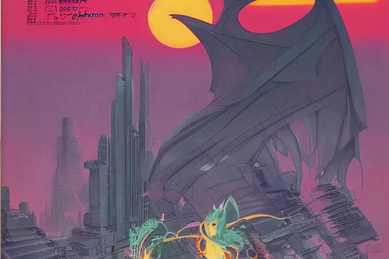 Image similar to 1979 OMNI Magazine Cover of a humid dragon mage in neo-tokyo style by Vincent Di Fate