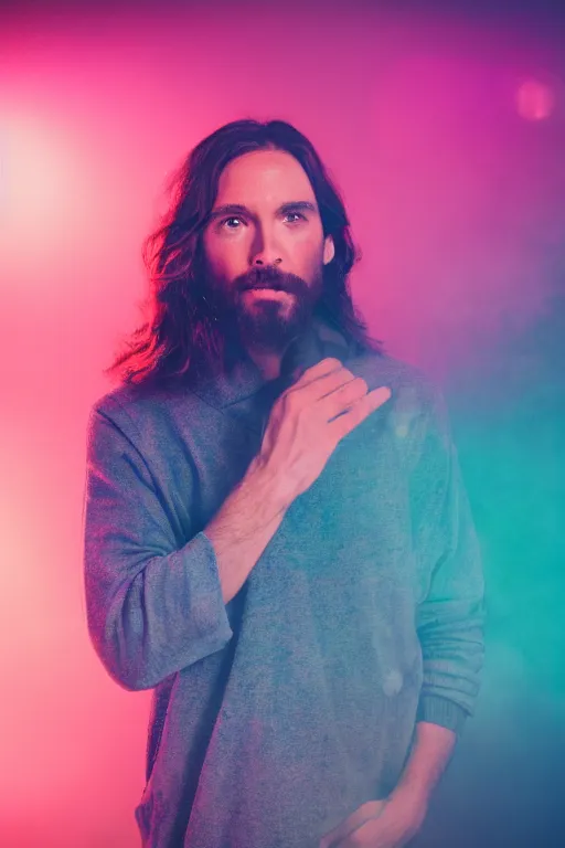 Image similar to studio photo of jesus smoking weed, colorful lighting, bokeh, 3 5 mm, dramatic ligting,