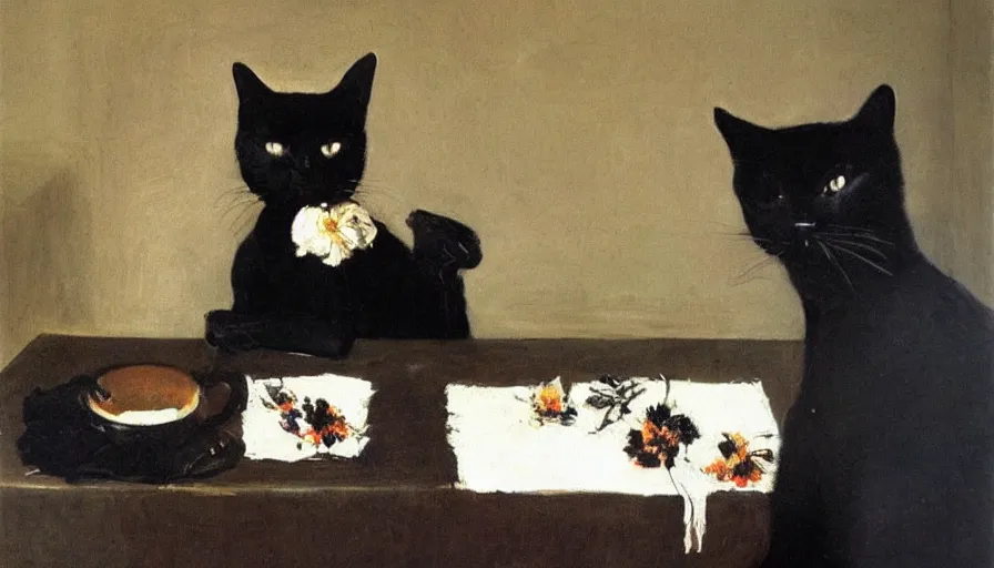 Image similar to painting by borremans, black cat on the table with black flowers, detailed, stunning