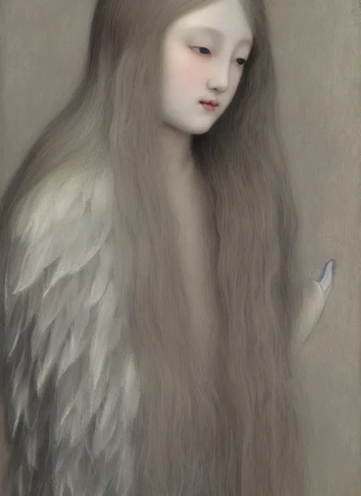 Image similar to thin young wan angel, silver hair so long, pale!, long silver hair, silver angel wings, smooth skin, wan adorable korean face, silver hair!!, style of fernand khnopff and lucien levy - dhurmer, oil on canvas, 1 8 6 2, 4 k resolution, aesthetic!,