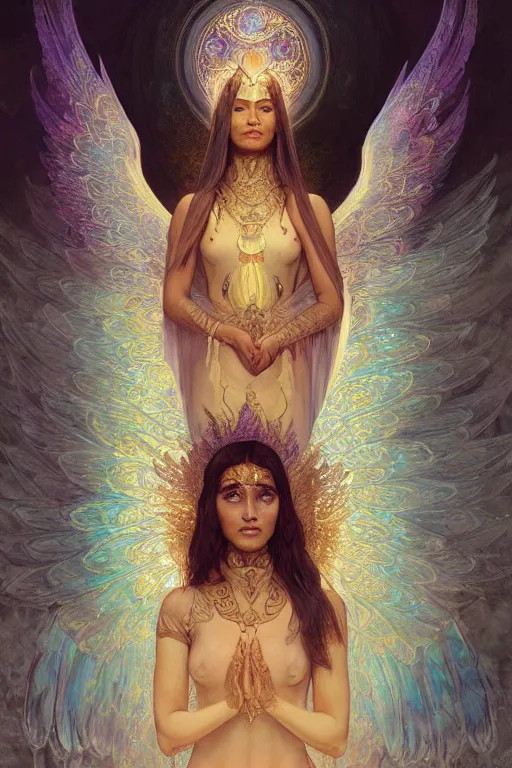 Image similar to Sri lankan girl as a winged angel covered in eyes with glowing halo, iridescent, seraphim, fantasy, intricate, elegant, highly detailed, digital painting, artstation, concept art, smooth, sharp focus, illustration, art by Krenz Cushart and Artem Demura and alphonse mucha