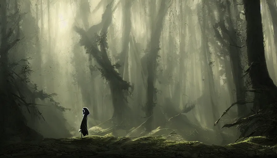 Image similar to A beautiful painting of a the grim reaper wearing a flowing cloak in a magical forest, ray traced sun light, by greg rutkowski and Kalin Popov , Trending on artstation HD.