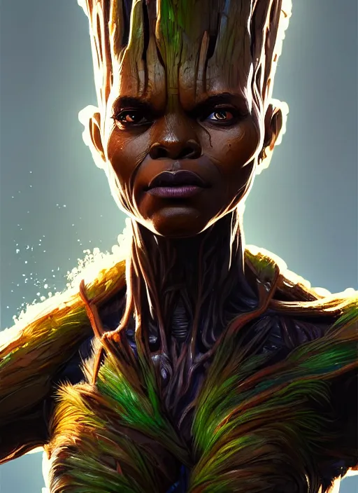 Image similar to portrait of apex legends groot, intricate, elegant, glowing lights, highly detailed, digital painting, artstation, glamor pose, concept art, smooth, sharp focus, illustration, art by artgerm and greg rutkowski, artey freytag