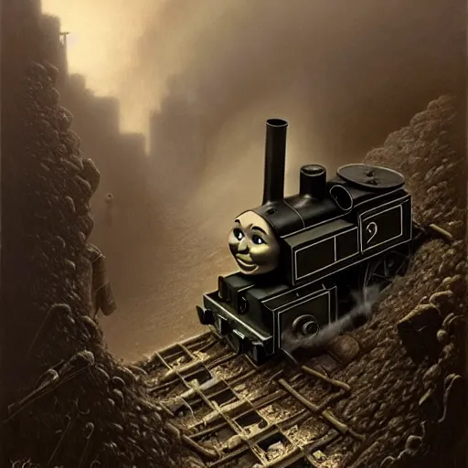 Image similar to thomas the tank engine during world war one by zdzislaw beksinski, intricate, highly detailed, centered, digital painting, artstation, concept art, smooth, sharp focus, illustration, artgerm, tomasz alen kopera, peter mohrbacher, donato giancola, joseph christian leyendecker, wlop, boris vallejo