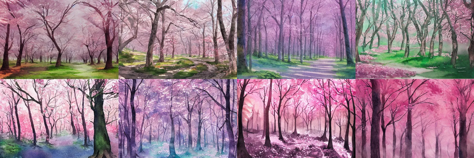 Prompt: Cherry blossom forest, high quality watercolors, award winning, trending on ArtStation